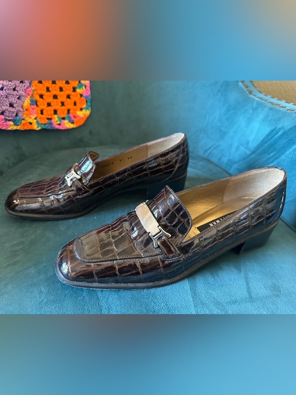 Stuart Weitzman Brown Croc Embossed Horsebit Loafer Heels 9.5 AA - Picture 6 of 16